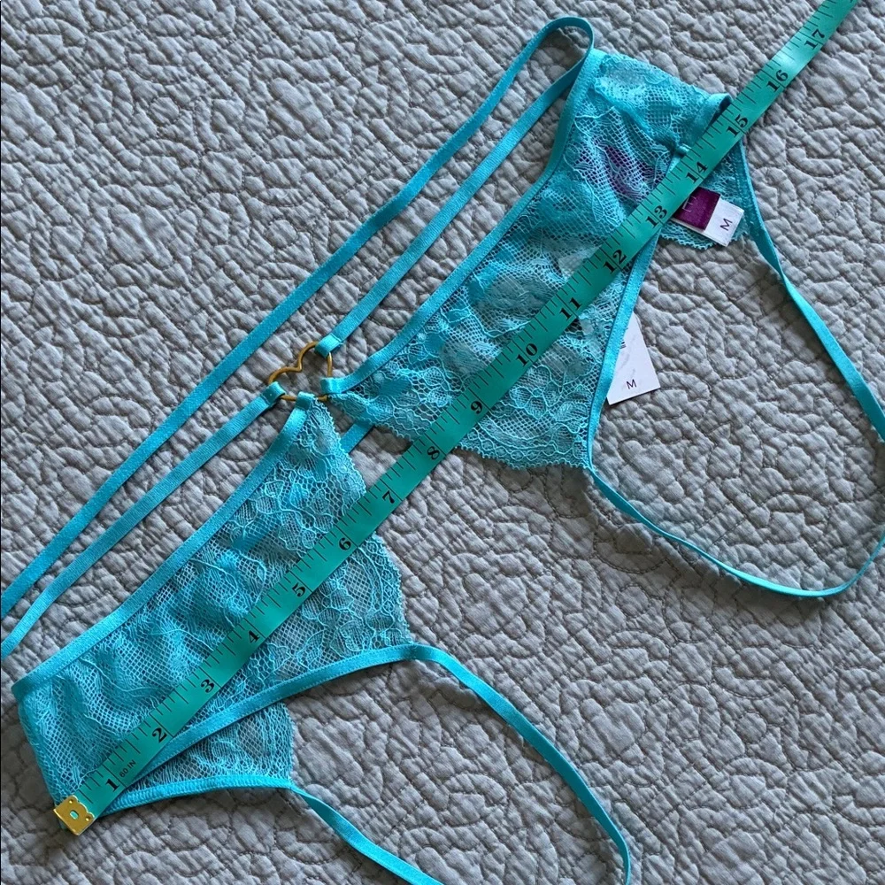 New Adore Me Turquoise Lace Cut Out Strappy Panty Gold Heart Open Back Underwear